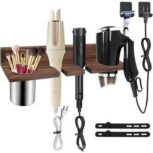 Soporte de pared de madera creativo para secador de pelo, organizador de herramientas de peinado de madera, soporte de almacenamiento de madera maciza para rizador de pelo - Product Image 1
