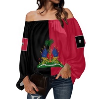 Nouveau produit : Blouse en mousseline asymétrique pour femme, motif drapeau d'Haïti, style créateur de mode, haut sexy à manches longues personnalisé, impression à la demande