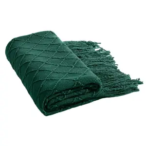 Nordic Plaids Cozy Knitted Green Blankets for Couch Bedroom and Officeroom Textured Soft and Warm Blanket with Tassel