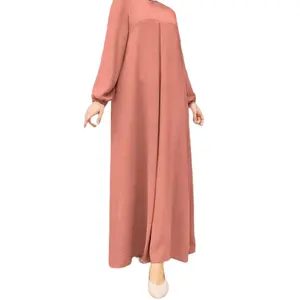 Solid Color Ice Silk Traditional Muslim Robe With Pleated Bubble Sleeves Side Pockets Breathable Muslim Abaya