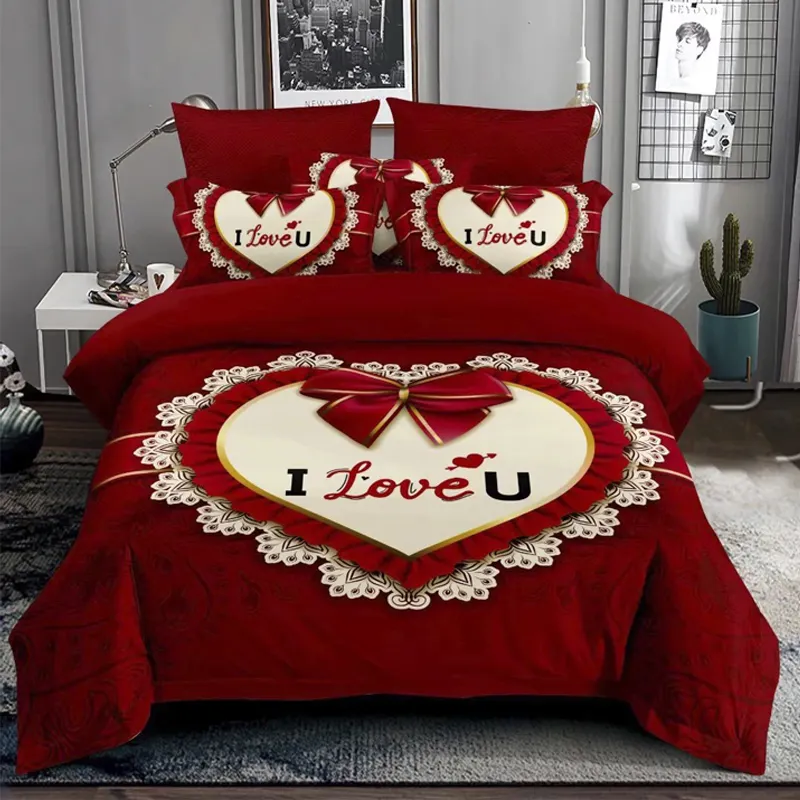 Winter Red Color 3D Duvet Cover Love Printing Bed Sheets Warm Bedsheet Fabric 100% Polyester Printed Bedding Set
