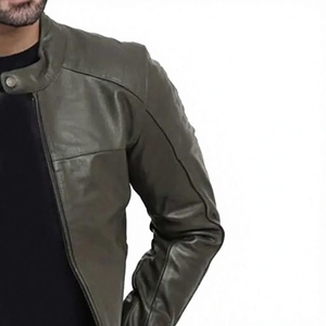 Chaqueta de moto térmica de cuero genuino para hombre, cuello mandarín, cierre de cremallera, ajuste slim, informal de invierno, con logo frontal - Product Image 6