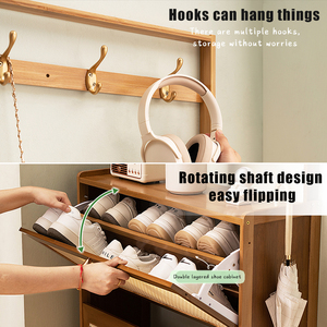 <b>Shoe</b> Cabinet with 3 Rattan Flip Drawers Bamboo Storage Coat <b>Hooks</b> Freestanding Entryway Organizer - Product Image 4