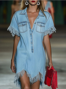 <span class=keywords><strong>Vestido</strong></span> <span class=keywords><strong>camisero</strong></span> <span class=keywords><strong>vaquero</strong></span> para <span class=keywords><strong>mujer</strong></span> con solapa y medio botón, manga corta con flecos, bajo deshilachado, estilo casual holgado con borlas, para ropa de calle y vacaciones - Product Image 4