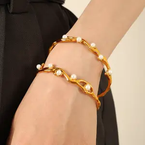 Elegant Pearls 18K Gold Color Stainless Steel Twist Cuff Bracelet Bangle Waterproof Bracelet Jewelry For Women