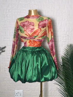 Ensemble décontracté pour femme : Crop top torsadé en maille à imprimé floral et mini-jupe bouffante, longueur genou, élégant, automne, personnalisable avec étiquette sur mesure