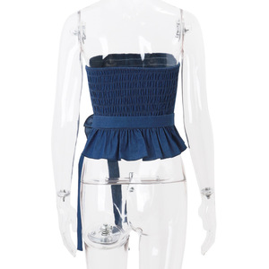 Decorazione floreale Sexy in stile retrò <span class=keywords><strong>blu</strong></span> Denim con gilet a pieghe di reggiseno corto con Top canottiera in <span class=keywords><strong>pizzo</strong></span> - Product Image 6