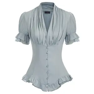 Женская блузка с коротким рукавом, V-образным вырезом и пуговицами