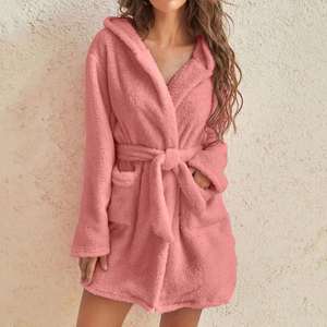 Abrigo de Felpa Cálido para Mujer, Otoño Invierno, Manga Larga, con Bolsillos, Capucha, Vestido Tipo Bata, con Cinturón, Ropa Casual para el Hogar - Product Image 2