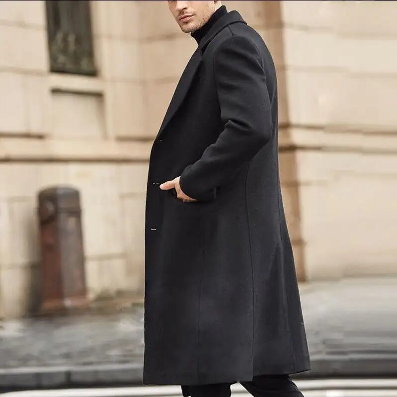 M9150 Autumn/winter men long sleeve british style woolen coat solid color lapel long coat