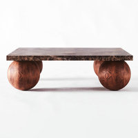 Salon de luxe déco poussiéreuse ronde Emperador marbre canapé Table en bois de hêtre base boule plateau en pierre naturelle table basse faite à la main