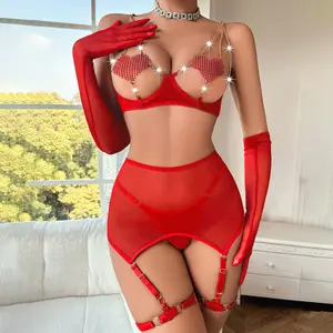 Mature Woman Underwear Erotic Bra Set Transparent Sexy Lingerie Heart-Shaped Chain See-through Mesh 5 Pcs Set