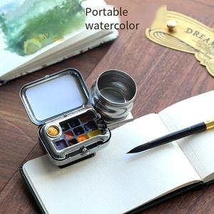 Mini kit de peinture aquarelle 12 couleurs, palette métallique portable de voyage, coffret vintage pour artistes, étudiants et croquis - Product Image 2