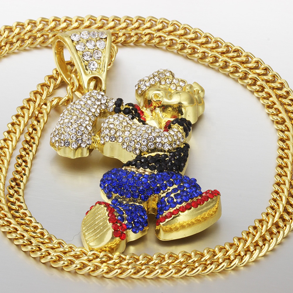Colar Hip Hop Anime Popeye 18k Folheado a Ouro para Casais e Homens, image size:1000x1000