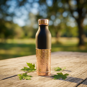 Premium Matte Black Pure Copper Water Bottle with Hand-Hammered Base Two-Tone Copper Flask Tapered Sports Bottle with Ridged Lid - Product Image 2
