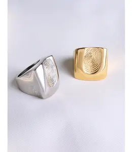 Personalized DIY Chunky Ring Couple Jewelry Stainless Steel 18K Gold Plated Non Tarnish Thick Fingerprint Signet Ring for Gift