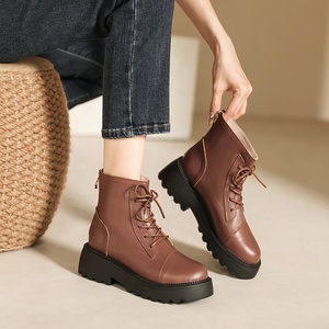 Botines de cuero vacuno negro de invierno, nuevos, con cordones, punta redonda, suela gruesa, resistentes al desgaste, antideslizantes, cómodos, transpirables, con forro de piel. - Product Image 6