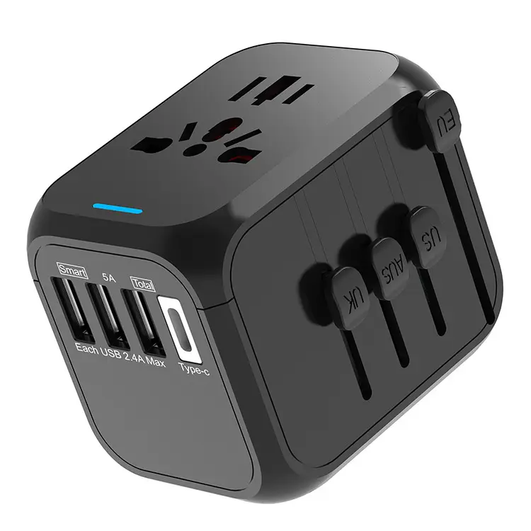 Adaptador de viagem universal Adaptador de alimentação tudo em um com 3.4A 3 USB-A e 1 USB-C Adaptador Carregador de parede de viagem