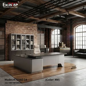 Ensemble de mobilier de <span class=keywords><strong>bureau</strong></span> minimaliste pour PDG : Grand <span class=keywords><strong>bureau</strong></span> informatique avec plateau en bois foncé et panneau frontal à lattes pour centre d'affaires - Product Image 6