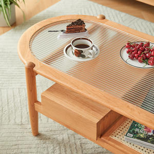 Mesa de Centro de Madera Maciza Estilo Nórdico, Madera de Cerezo, Tapa Ovalada de Vidrio con Cajón, Diseño Minimalista Japonés, Mesa de Té para Apartamentos Pequeños - Product Image 2