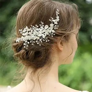 Klip Rambut Pernikahan Sisir Rambut Pengantin Aksesori Berlian Imitasi untuk Bunga Pengantin Perempuan Potongan Rambut Pengantin (Perak)