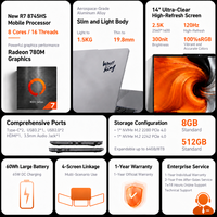 Ordinateur portable haute performance WooKing A14e modèle 2026, 14 pouces, 8745HS, nouveau SSD, clavier anglais, Windows 11, ordinateur portable pour étudiants