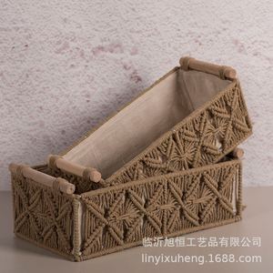 Hand Woven Cotton Rope <b>Storage</b> Box Rectangle Bohemian Style Desktop Organizer Cosmetic <b>Basket</b> - Product Image 1