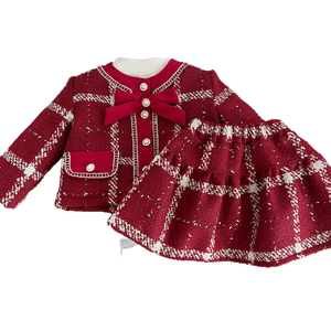 Completo Due Pezzi a Quadri per Ragazze Autunno-Inverno, Elegante Tailleur Rosso Spesso per Feste, Età 8+, Abbigliamento Boutique in Tessuto Caldo - Product Image 1