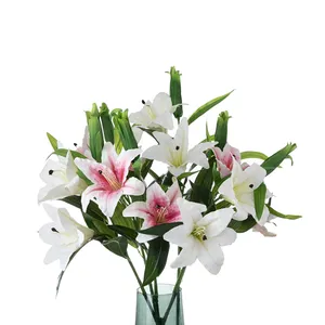 Lírio de flor artificial de páscoa com 3 cabeças, toque real, flor mw31579