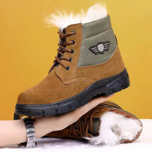 Botas de nieve de invierno para hombre, de lana gruesa, cálidas, de algodón, cuero y piel integrados, con tacón medio, para exteriores, con puntera ancha, color sólido, con cordones delanteros. - Product Image 1