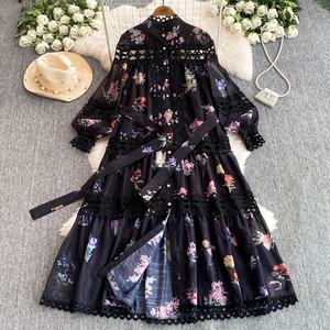 Vestido Floral grande con cuello levantado <span class=keywords><strong>para</strong></span> romper el café <span class=keywords><strong>para</strong></span> mujer, falda larga de cintura con temperamento regordete <span class=keywords><strong>para</strong></span> vacaciones - Product Image 2