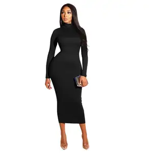 Nice Women's Winter Night Dresses Long Sleeve Skinny Bodycon Sexy Turtleneck Plush Knee-Length Casual Party Midi Dress