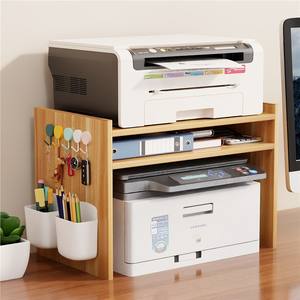 Étagère d'imprimante de bureau en bois, organisateur de rangement à double couche pour bureau avec crochets et porte-crayons, style moderne et minimaliste - Product Image 1