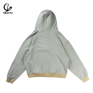 Sudadera con capucha de cremallera completa, personalizada con pedrería, efecto desgastado, oversize, estilo vintage streetwear, con parche bordado, OEM ODM, marca privada - Product Image 3