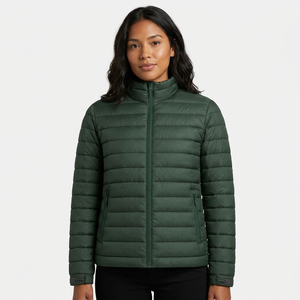 Unisex Green Puffer <b>Jacket</b> Hooded Zipper Closure Windproof Eco-Friendly Waterproof Casual Winter Solid Color Cotton Filling - Product Image 1