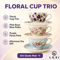 Service à thé Violet Bloom avec tasse et soucoupe, motif rose vintage, poignée en forme d'oreille, vente en gros, décoration de table ou d'étagère à thé, cadeau pour la maison