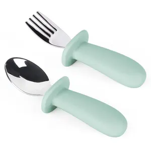 Wholesale Children's Flatware Food Grade Silicone Handle Stainless Steel Baby Spoon And Fork Set