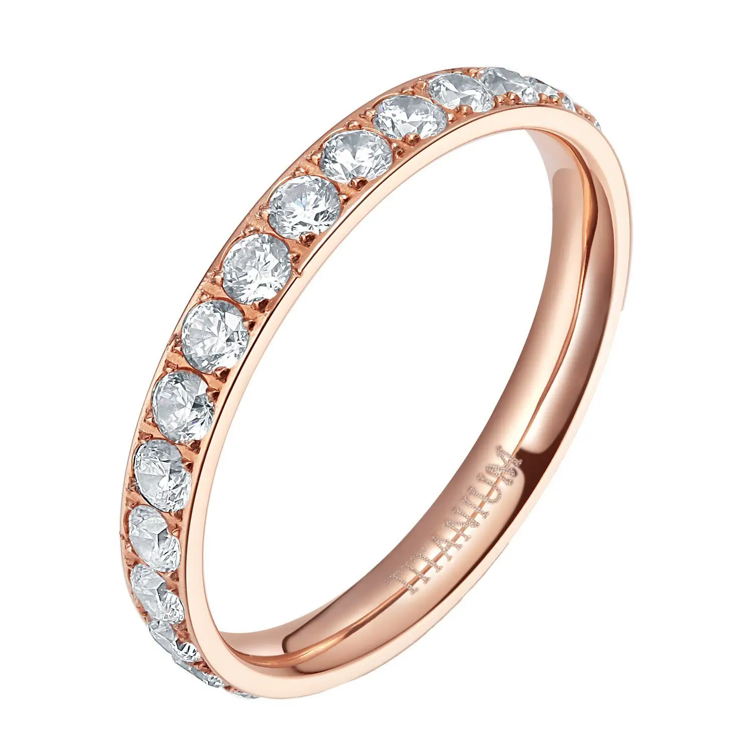 3mm Rose Gold Plated Women Titanium Ring Cubic Zirconia Engagement Wedding Bands