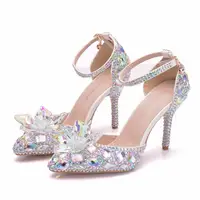 BS063, европейские свадебные туфли, женские белые сандалии со стразами и кристаллами, туфли на шпильке с острым носком, свадебные туфли на высоком каблуке