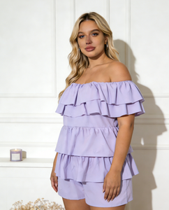 Joyinspring Camisa de verano para mujer, talla grande, color morado claro, con hombros descubiertos y borde con volantes, informal, de secado rápido, de punto, corte regular - Product Image 1