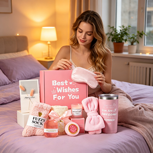 <b>Pink</b> Self Care <b>Gift</b> Set for Women Tumbler, Sleep Mask, Fuzzy Socks & Spa Kit - Best Wishes Birthday Thank You <b>Gift</b> for Her - Product Image 2