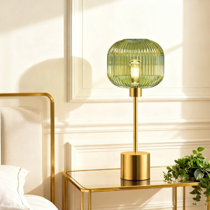 Modern Brass <b>Table</b> Lamp Green Ribbed Glass Shade Touch Control Dimmable LED Bedside Desk Lighting - Product Image 1