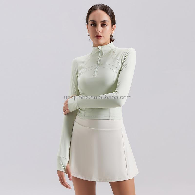 Sport Gym Running Yoga Dancing Outdoor Nylon Fabric Half-zip Active Tops Wear Stand Collar Half-zipper Soft Finesse Long Sleeves