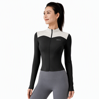 Veste de yoga sexy à blocs de couleur pour femme, coupe ajustée, fermeture éclair intégrale, haut de sport avec logo avant, trous pour les pouces, séchage rapide, vêtements de sport