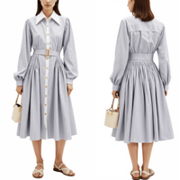 Robe chemise midi élégante pour femme, en coton teint en fil, à rayures, manches longues, ceinturée, avec col contrastant