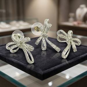 Art Palace Silver Plated Bowknot Earrings Crystal Rhinestones Women's Fashion <b>Jewelry</b> Set Including Necklace Ring Wedding - Product Image 1