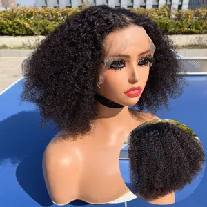 Wig rambut mentah ketebalan 180% Wig Bob rambut manusia Brasil Wig mengembang keriting ikal Afro halus gelombang keriting 13x4 renda Swiss untuk WANITA HITAM