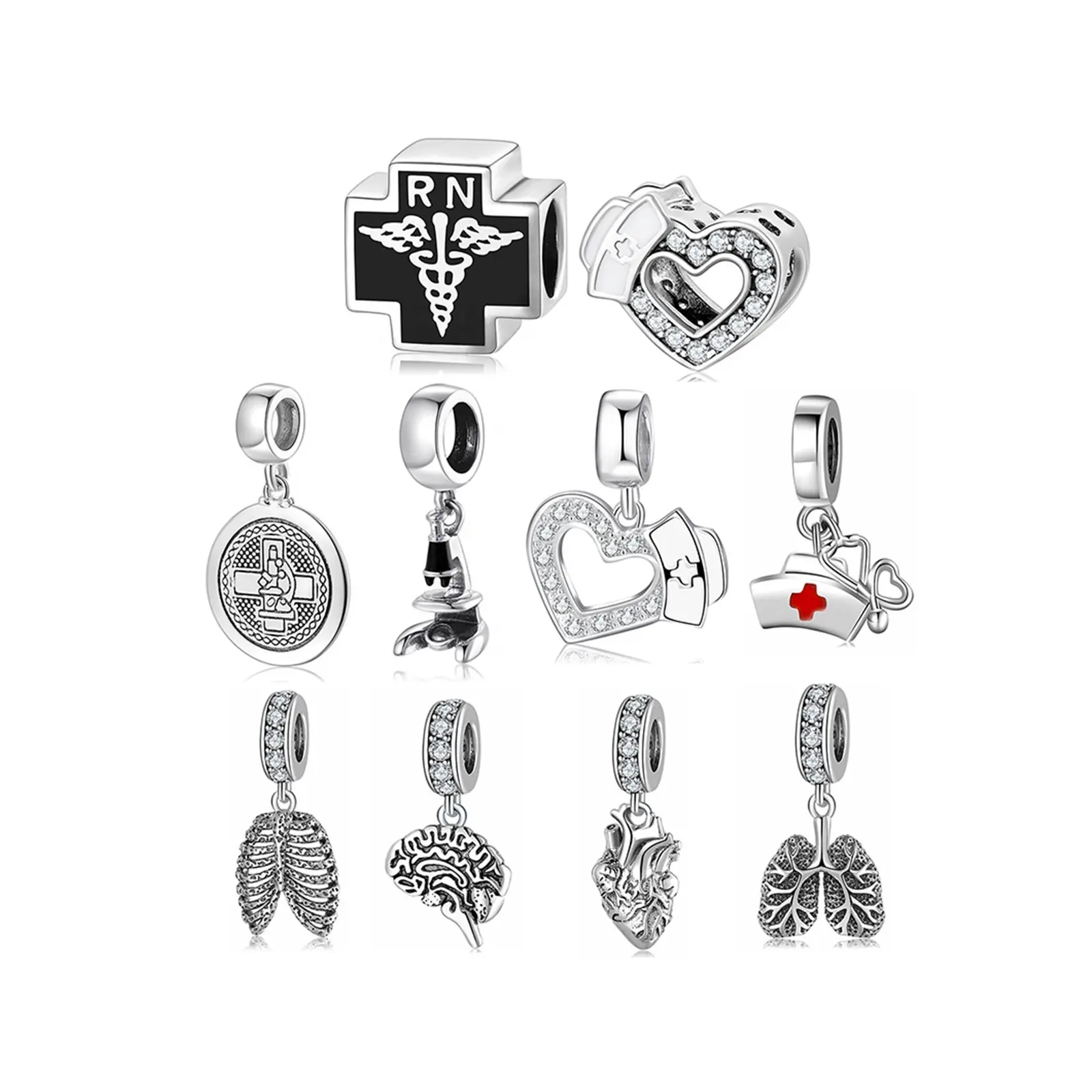 Real 925 sterling silver Nurse hap Shining CZ Heart Beads Charm for Bracelets making Beads Accessories fashion Wholesale jewelry