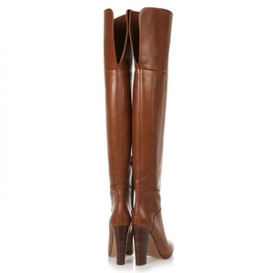 Bottes de chevalier en cuir marron style romain pour hommes et femmes, à talon épais, bout rond, découpe arrière, confortables, bottes d'hiver montantes au-dessus du genou - Product Image 3
