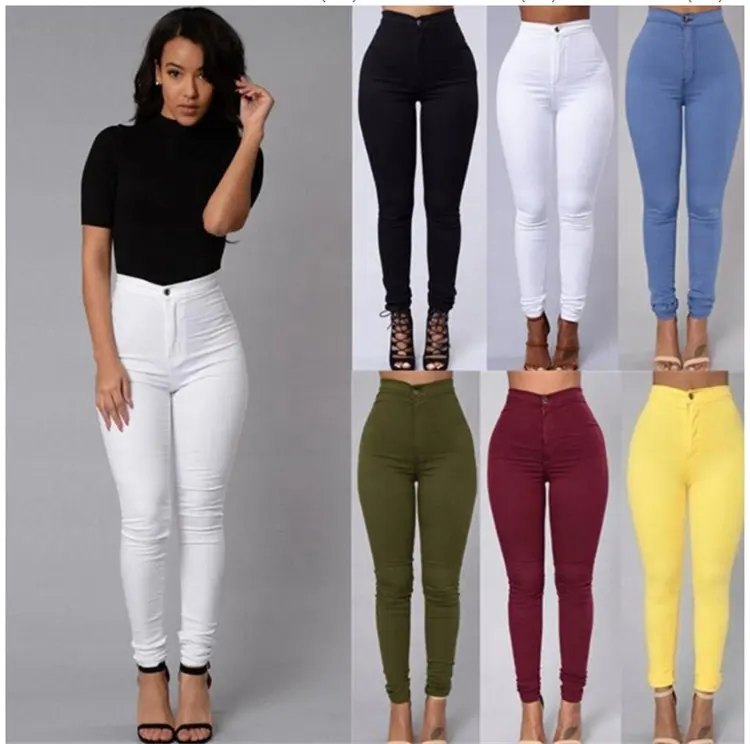 Grosir Kustom Celana Panjang Pensil Wanita, Legging Jeans Denim Skinny Warna Polos Pinggang Tinggi Melar